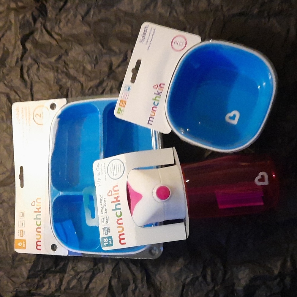 Munchkin toddler serving bowls, trays, and water bottle